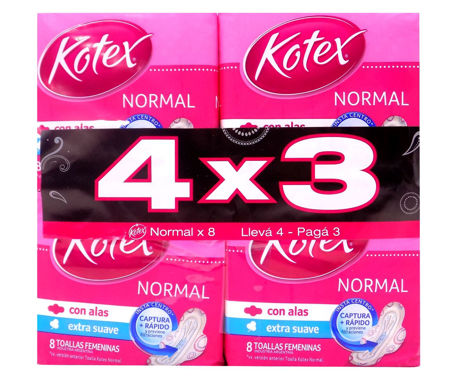 Imagen de Toalla Normal Con Alas Extra Suave x 8 Kotex. Pack 4x3