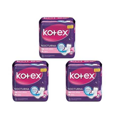 Imagen de Toallas Femeninas Kotex Nocturna 8 unidades Pack 3x2