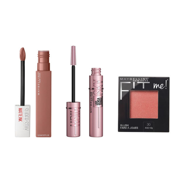 Imagen de Rubor Maybelline Fit Me N°30 Rose / Labial Líquido Maybelline Superstay Matte Ink Nº65 / Mascara de Pestañas Maybelline Sky High N°801 Very Black
